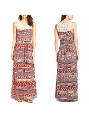 Lucky Brand Size S Orange Blue Beige Boho Sleeveless Crochet Yoke Maxi Dress